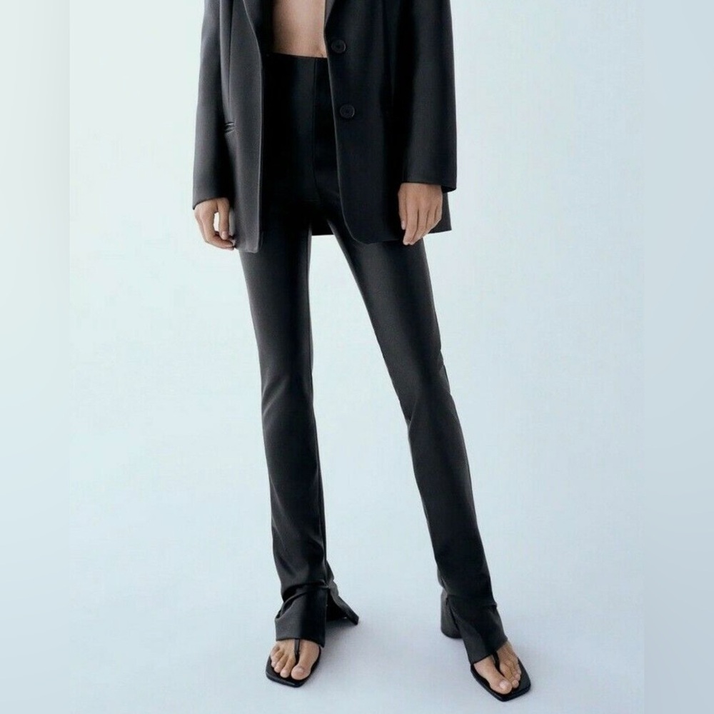 Zara  HIGH-WAIST EXTRA LONG FAUX LEATHER LEGGINGS PANT BLACK XS 5427/257